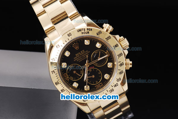 Rolex Daytona Chronograph Automatic Movement Full Gold with Black Dial and Diamond Mark - Click Image to Close